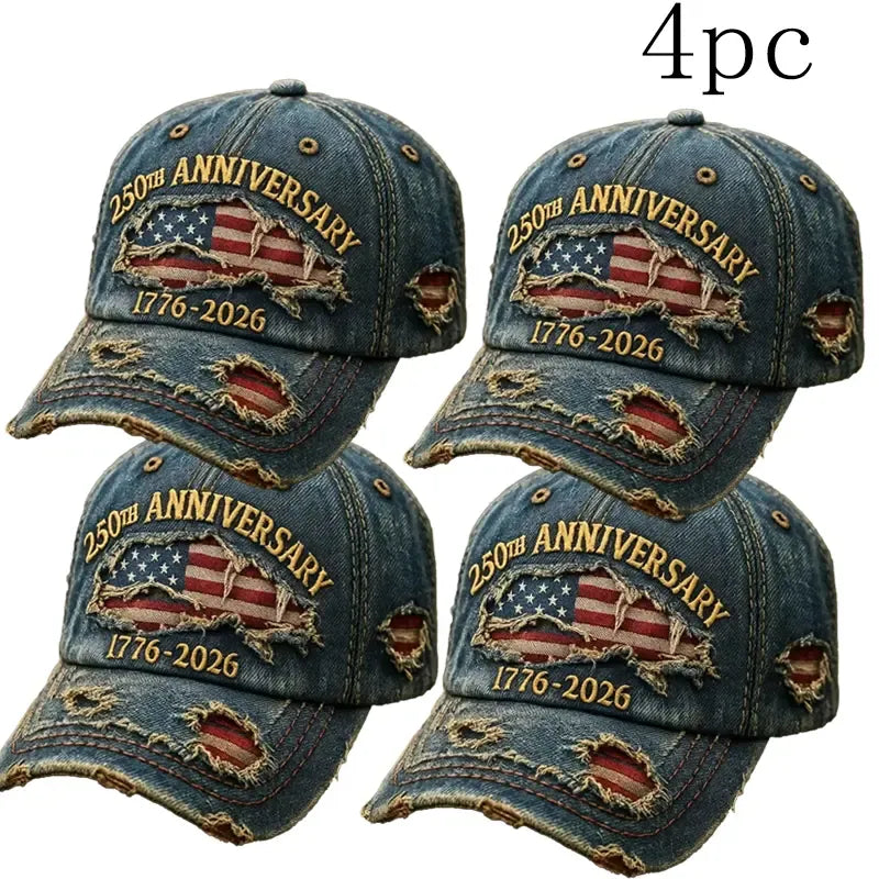 250th Anniversary 1776-2026 American Flag Embroidery Vintage Washed Denim Baseball Cap