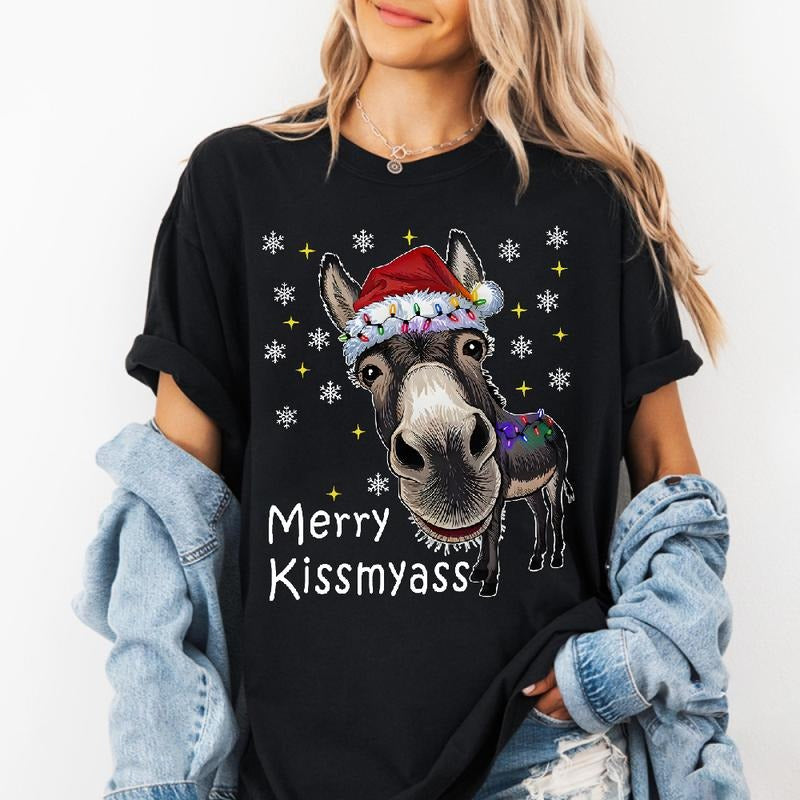 Funny Donkey Santa Hat And MERRY KISSMYASS Christmas Unisex T-Shirt / Sweatshirt / Hoodie