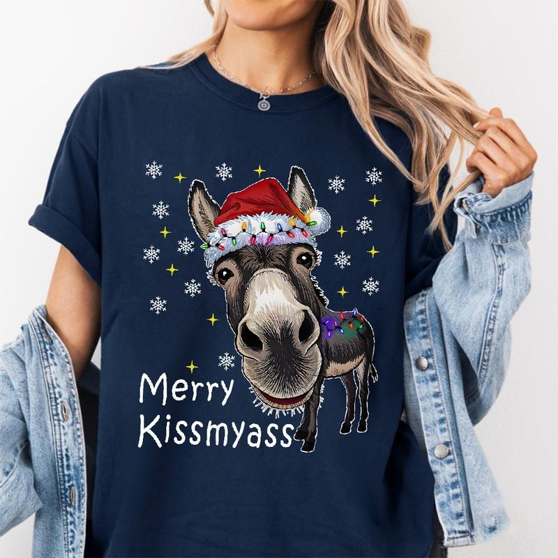 Funny Donkey Santa Hat And MERRY KISSMYASS Christmas Unisex T-Shirt / Sweatshirt / Hoodie