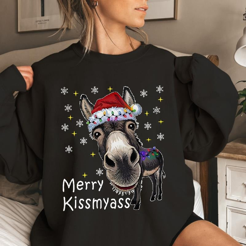 Funny Donkey Santa Hat And MERRY KISSMYASS Christmas Unisex T-Shirt / Sweatshirt / Hoodie