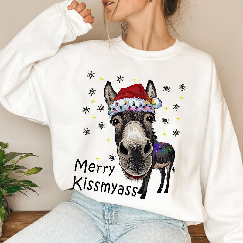 Funny Donkey Santa Hat And MERRY KISSMYASS Christmas Unisex T-Shirt / Sweatshirt / Hoodie