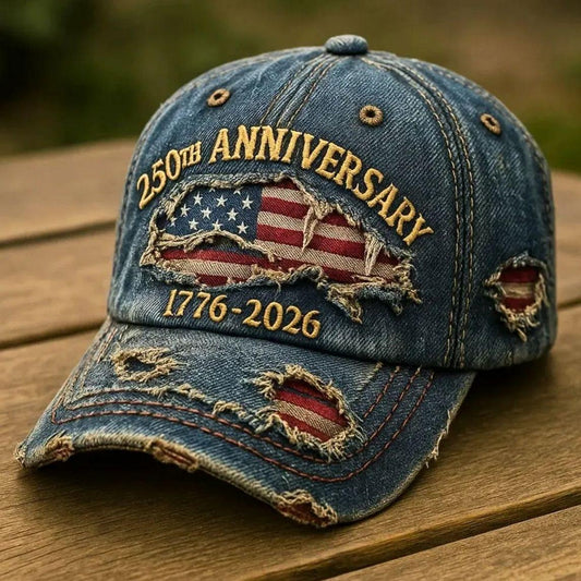 250th Anniversary 1776-2026 American Flag Embroidery Vintage Washed Denim Baseball Cap