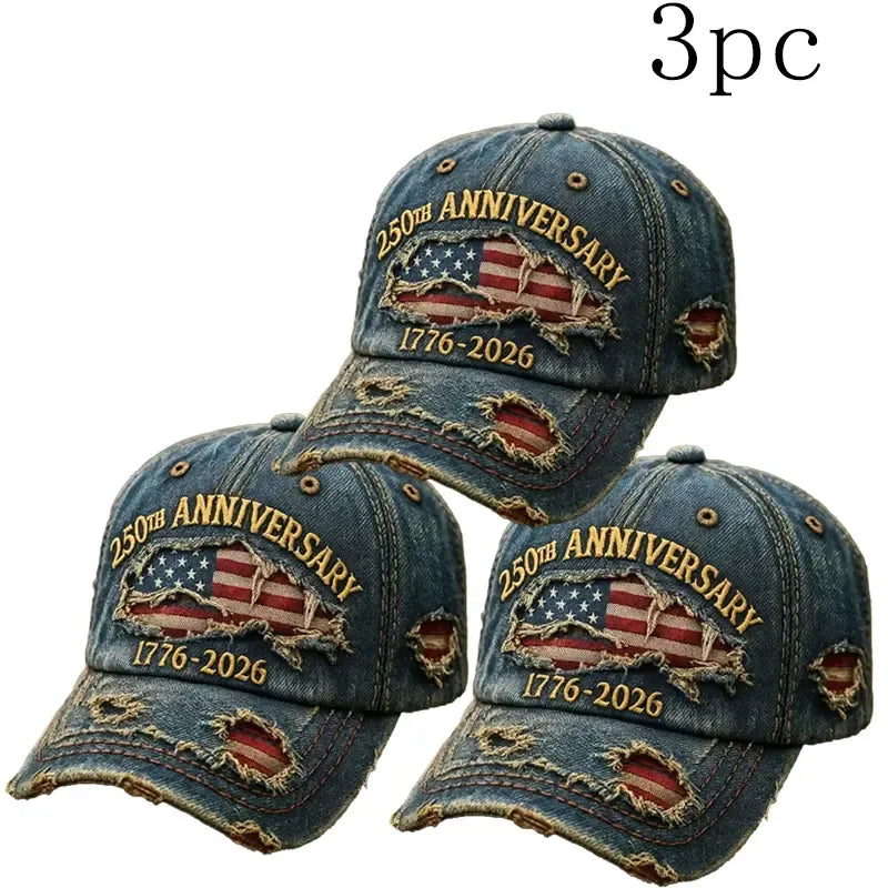 250th Anniversary 1776-2026 American Flag Embroidery Vintage Washed Denim Baseball Cap