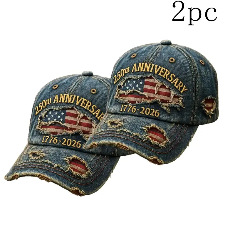 250th Anniversary 1776-2026 American Flag Embroidery Vintage Washed Denim Baseball Cap